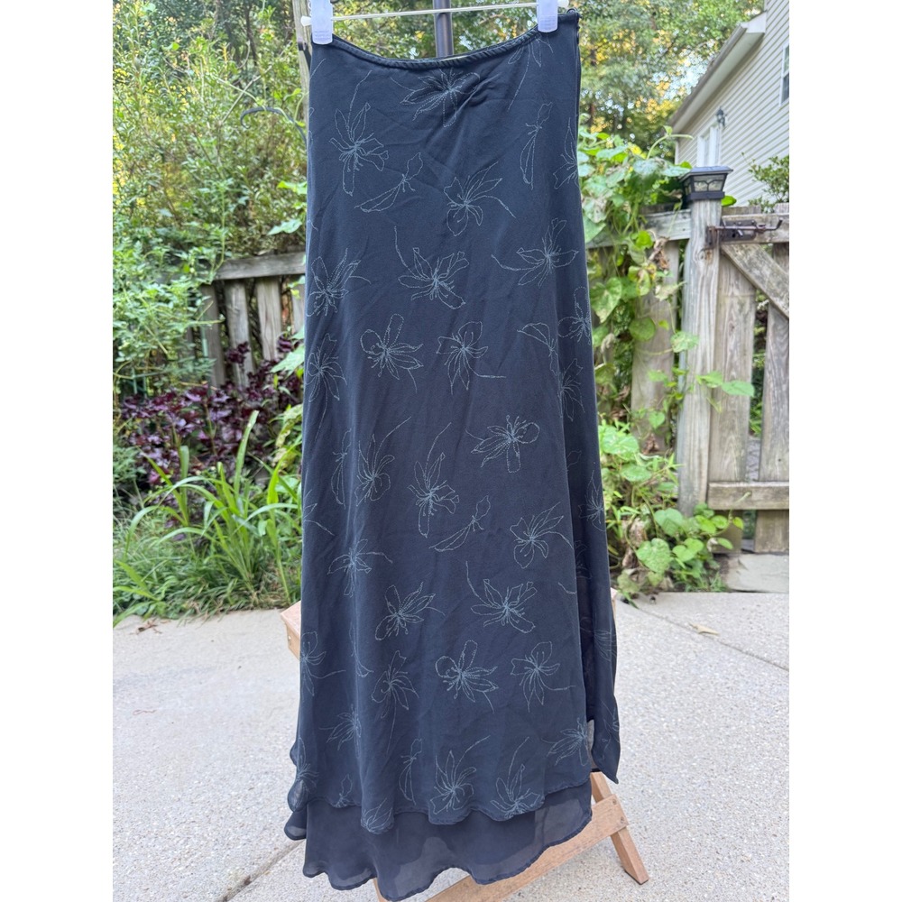 Vintage 90's Calvin Klein Collection Silk Floral Maxi Skirt Black Size 2 USA